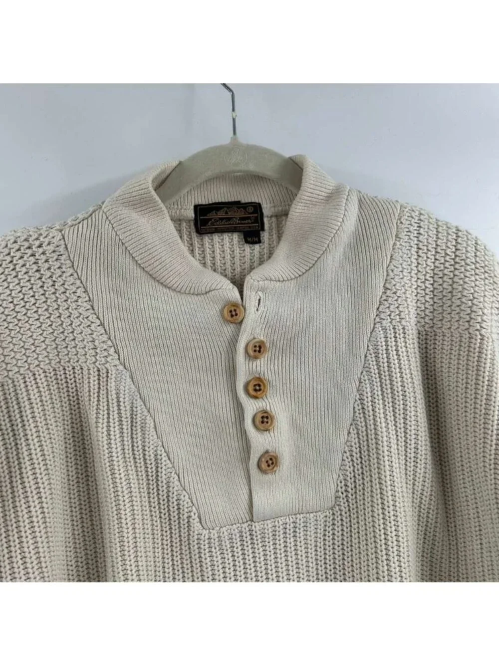 Eddie Bauer Sweater Men's Medium Beige Button Henley Knit Pullover Long Sleeve